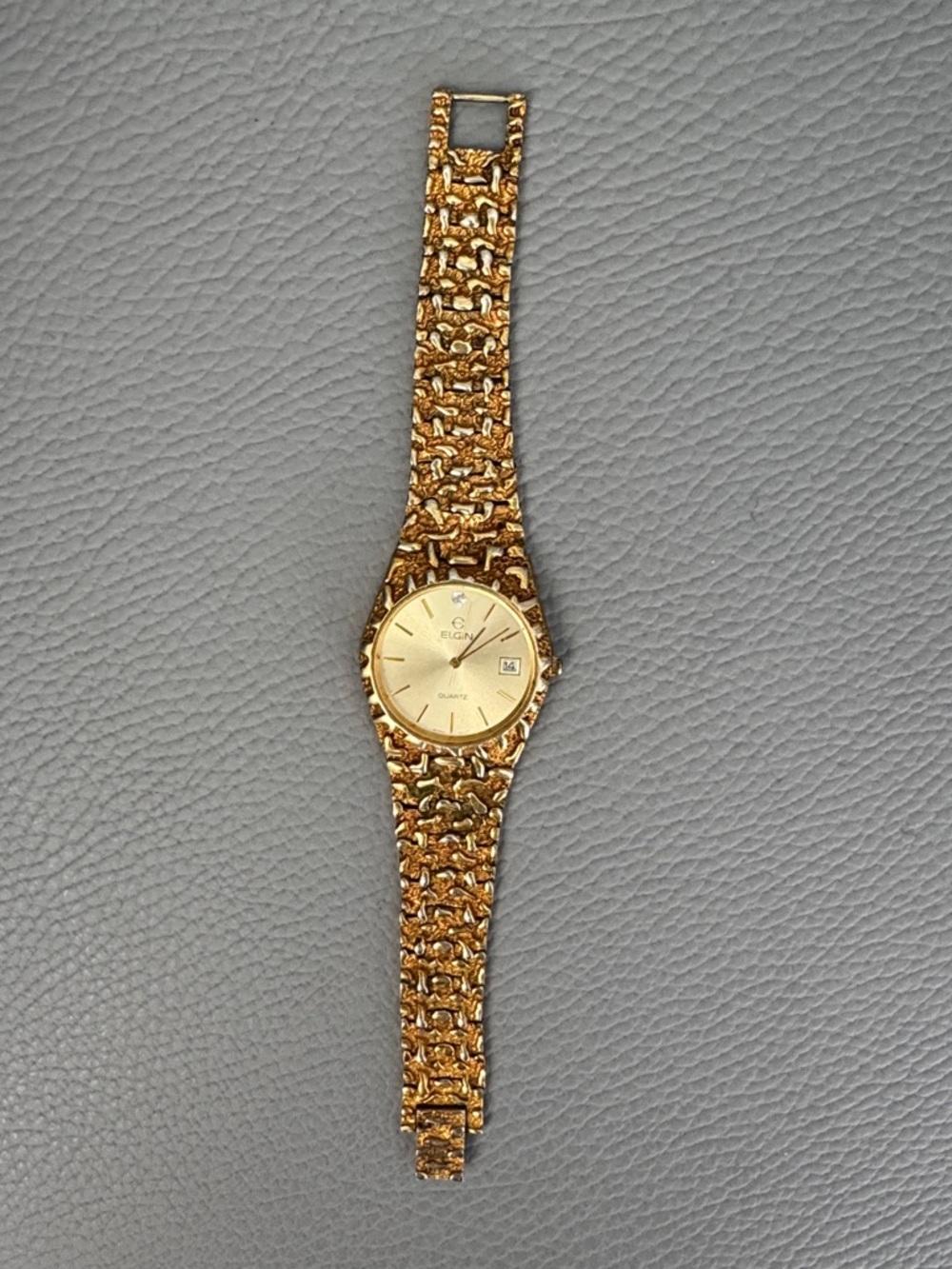 ELGIN GOLD TONE NUGGET WRIST WATCH DIAMOND DATE NOT TESTED JAPAN QUARTZ MVMT